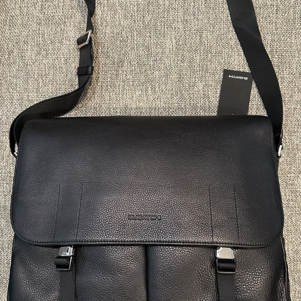 Bugatchi Black Pebbled Leather Messenger Bag Crossbody Laptop Bag NWT - Picture 7 of 14